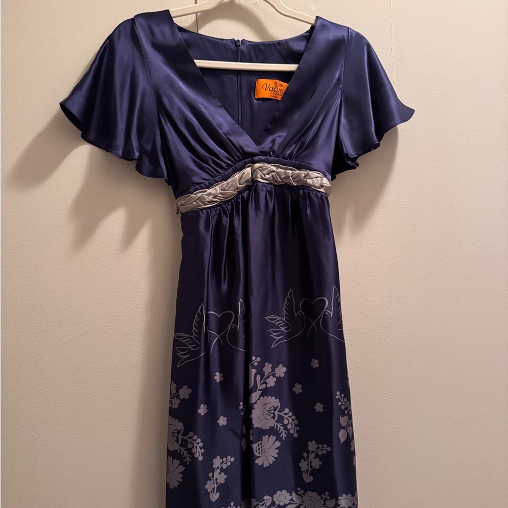 Vintage Voom by Joy Han 100% Silk Elegant Blue Floral Dress